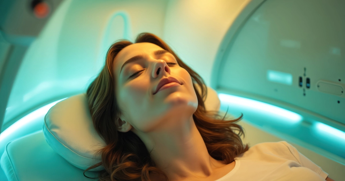A relaxed woman lying inside a hyperbaric oxygen therapy chamber, eyes closed, surrounded by soft teal lighting that creates a calm and healing atmosphere in Bismarck, ND