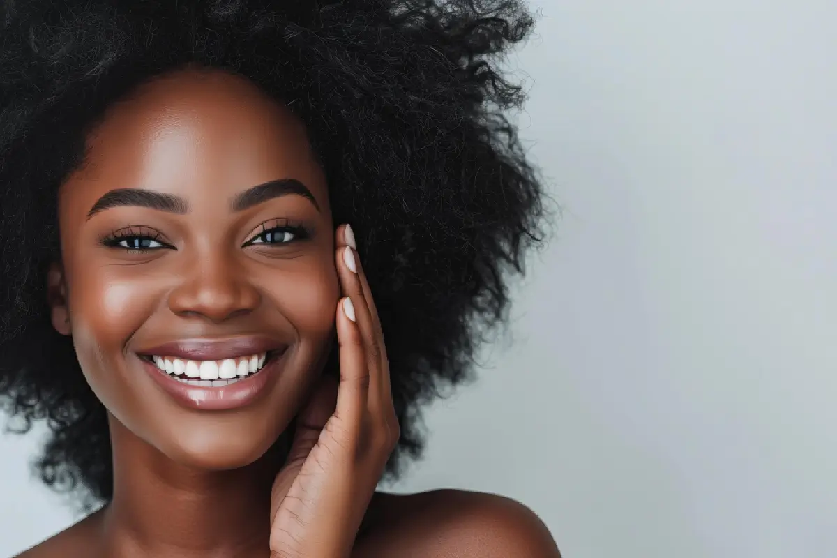 Brown Girl with curly hair and smiling after female rejuvenation in Bismarck, ND